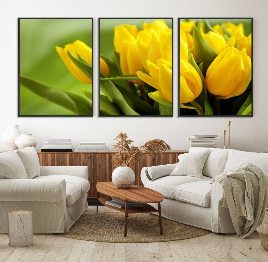 The Wall Art Yellow Tulips Canvas Print on a green background is featured.