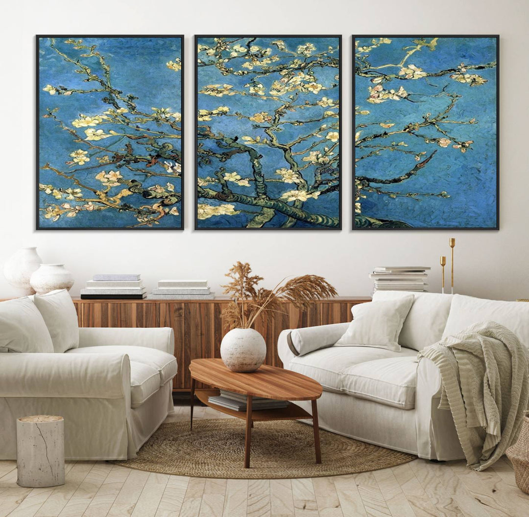 A Van Goghs Almond Blossom canvas print adds a touch of elegance to the wall.