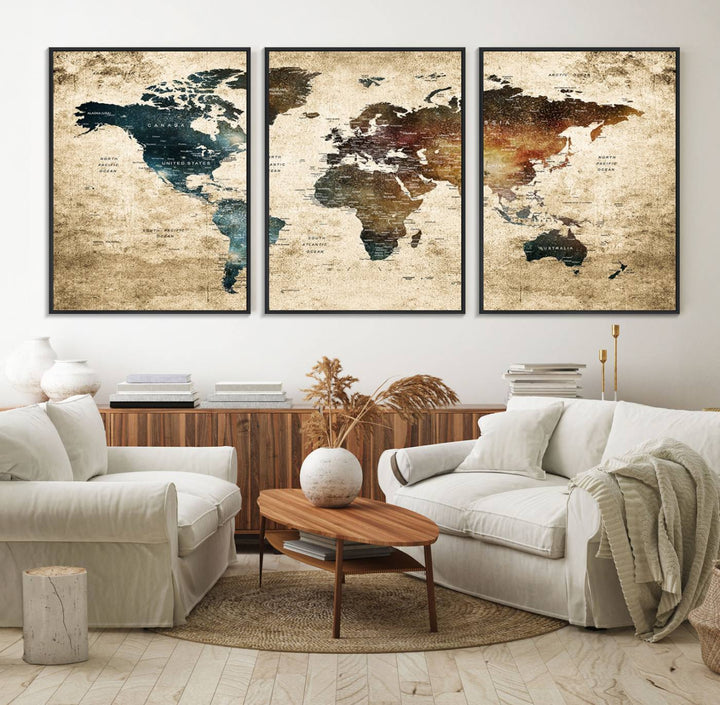 Vintage World Map Canvas Wall Art, perfect for antique-style decor, displayed against a light wood wall.