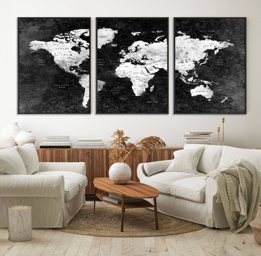 The dining room features a Modern Grayscale World Map 3-Panel Canvas Art as its focal point.