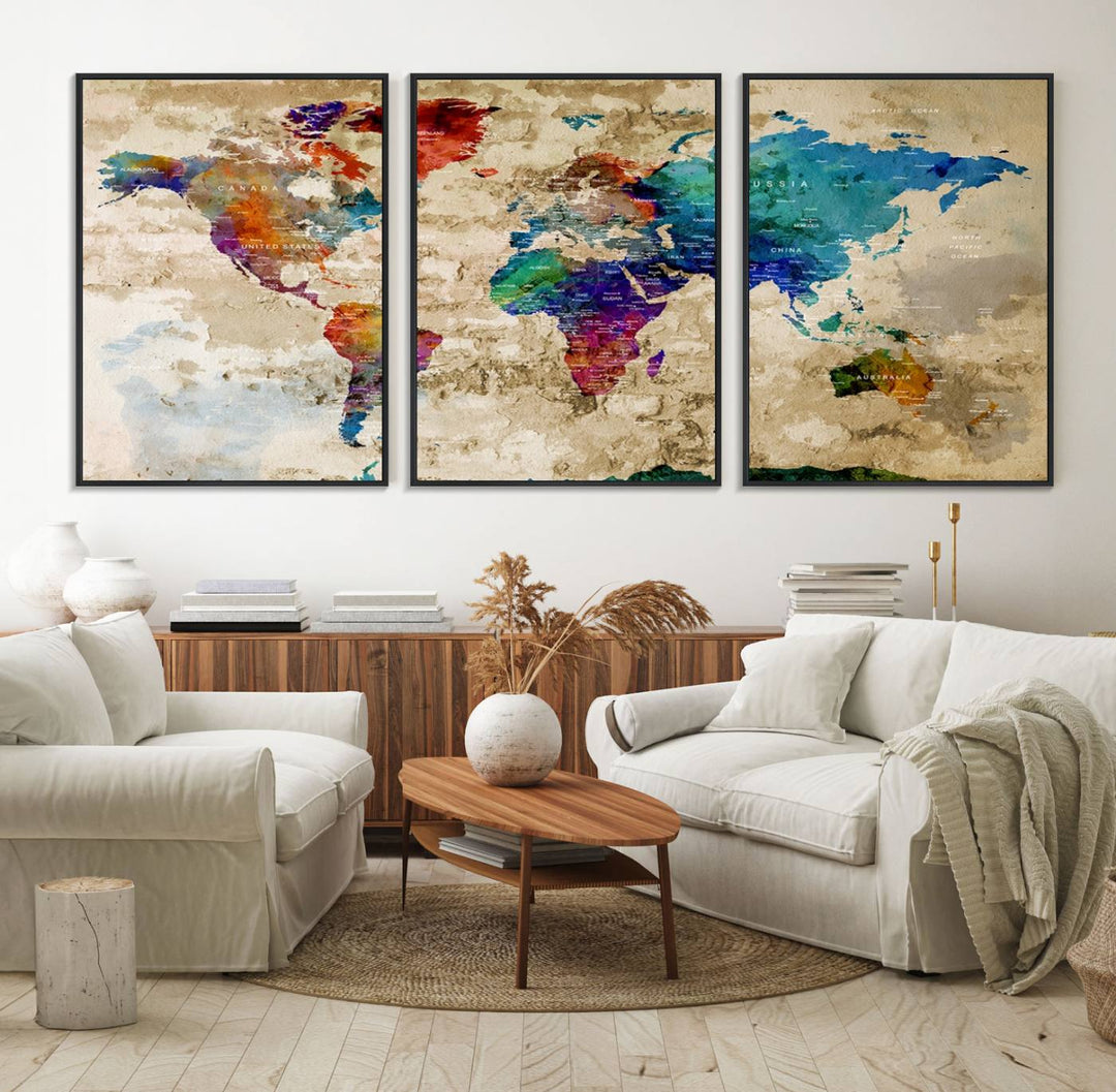 An Abstract Large Watercolor World Map Canvas Print hangs prominently.