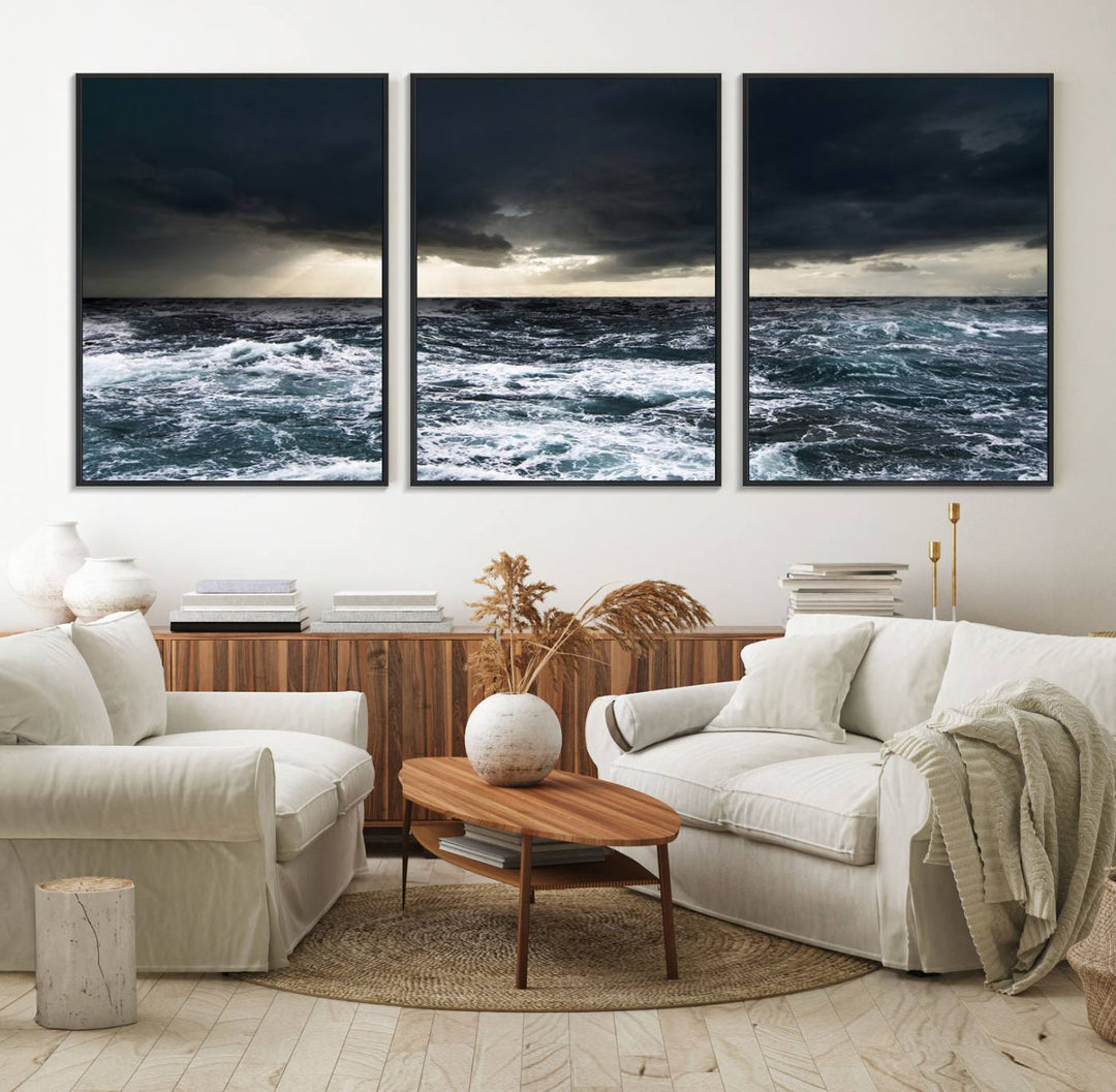 A Dark Clouds Stormy Sea canvas print, ready to hang, enhances the room.