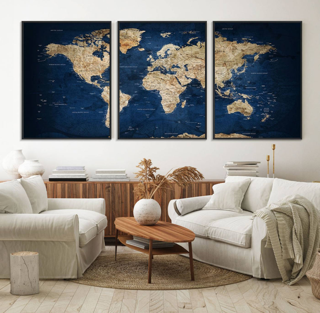 Classic Vintage Blue World Map Canvas Print featuring beige continents against a deep blue background.