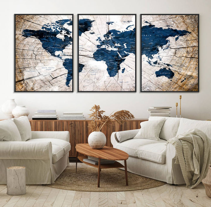 The Vintage World Map on Grunge Background Canvas serves as the focal point of the room.