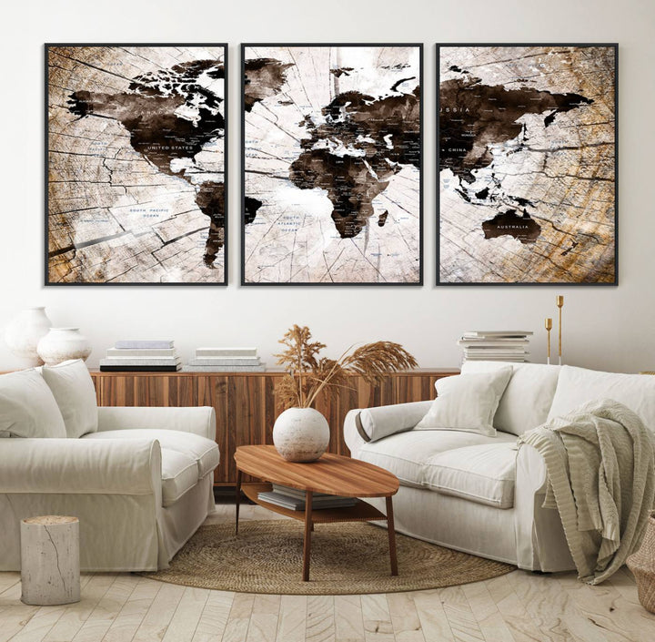 The Tree Ring World Map Canvas hangs above the table, blending into the nature-inspired setting.