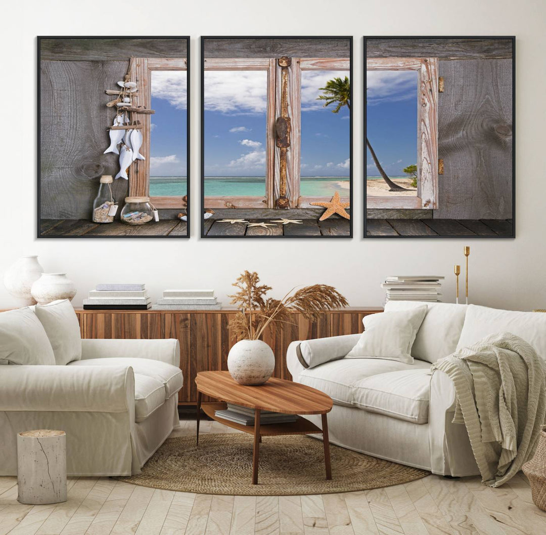 The Window Wall Art Relaxing Beach features seashells and a rustic window frame.