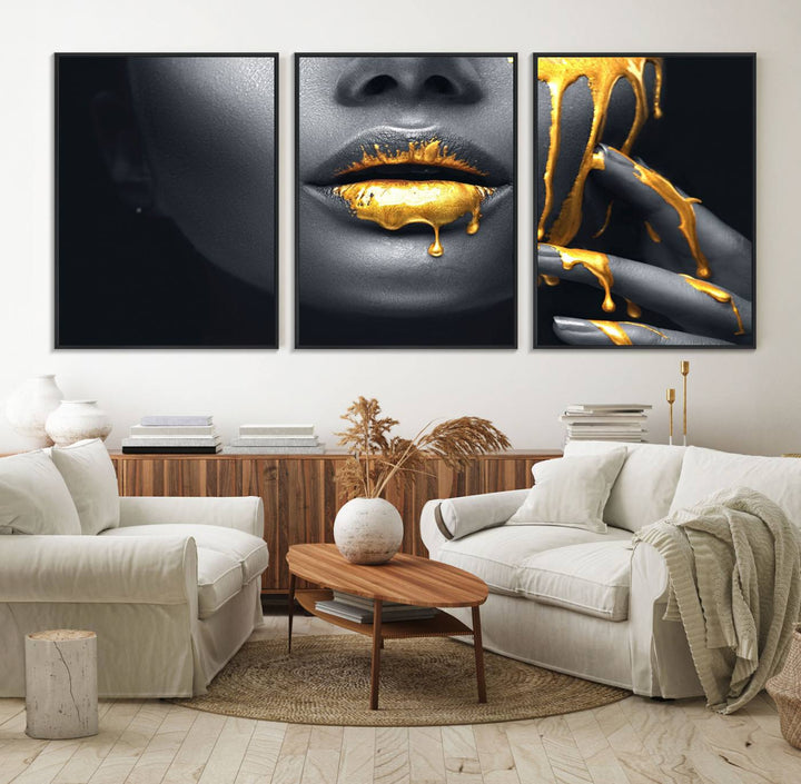 The Gold Lips and Black Woman Makeup Canvas Print features a chic monochrome face design, making it ideal for a modern dining room.