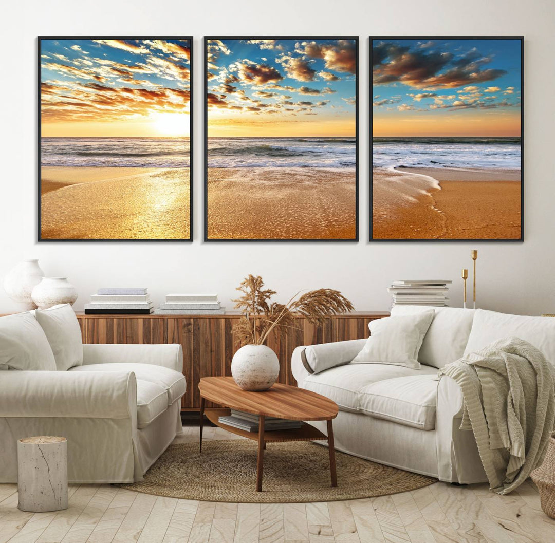 A gallery-wrapped canvas titled Soothing Sunset on Calm Beach is featured.