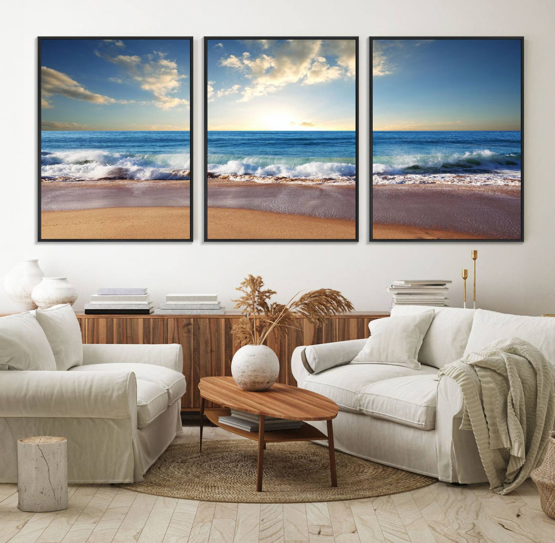 The dining room features a Coastal Tropical Beach Sunset canvas wall art.