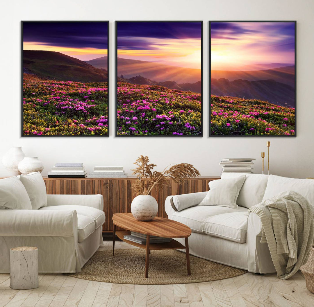 Gallery-wrapped wall art of a stunning mountain sunset and purple flowers.