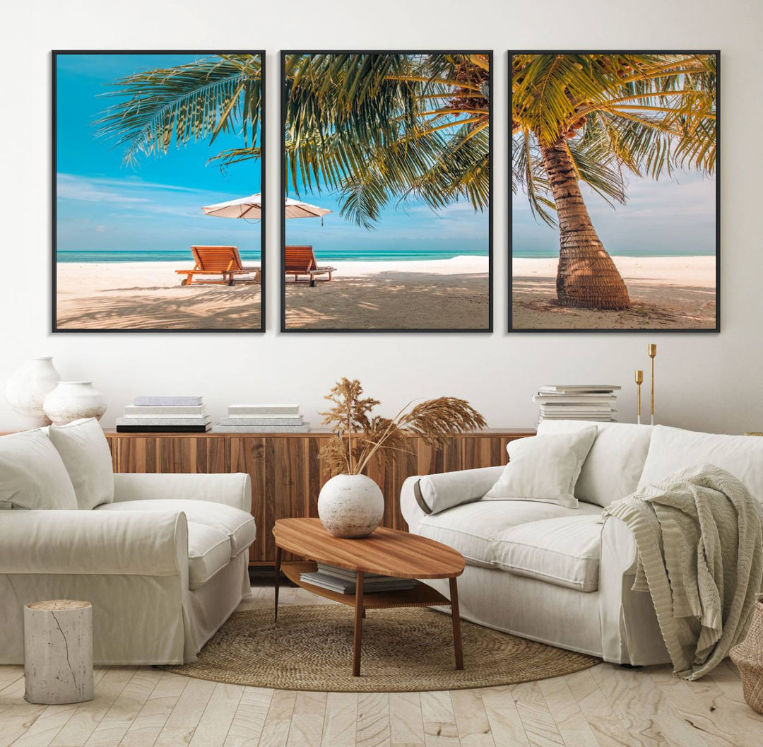 The 3-panel Tropical Beach Wall Art features palm trees and sun loungers, perfect for coastal decor.