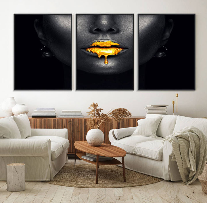 The Honey Gold Lips and Black Woman Photograph canvas print adds a striking touch to the room.