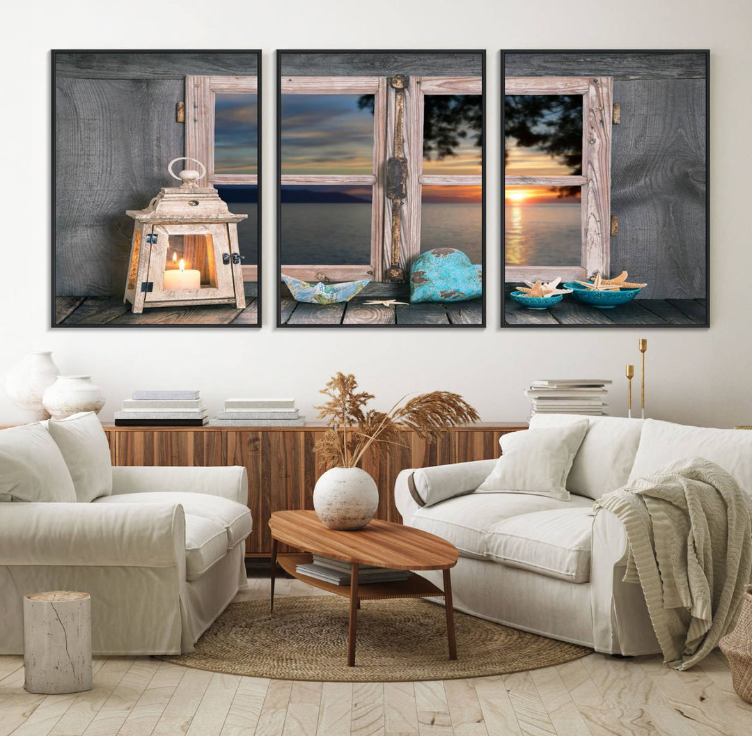 The Astonishing Sunset from the Window canvas print beautifully captures a sea view, accompanied by a lantern and starfish.