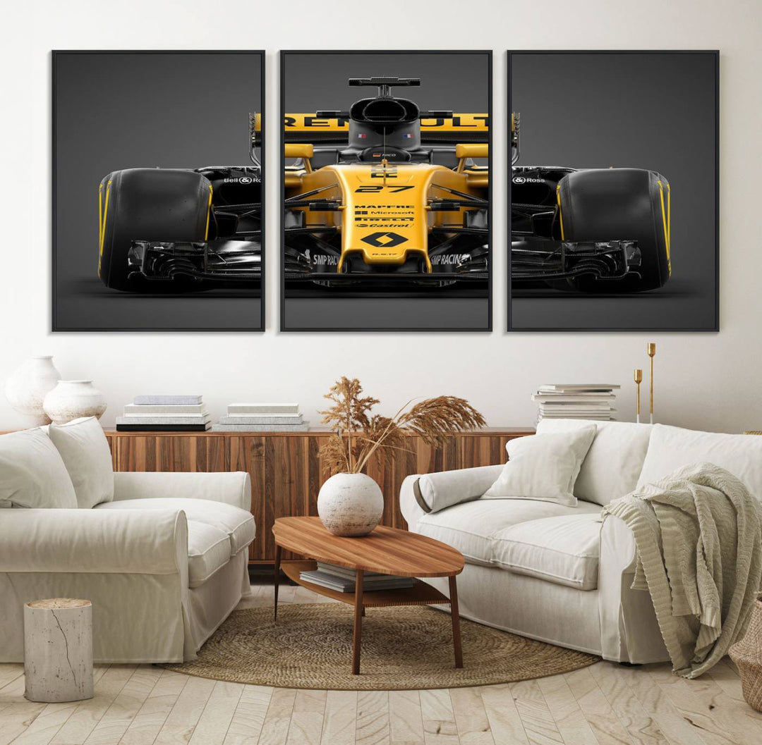 A yellow and black F1 Renault car canvas print with free shipping.