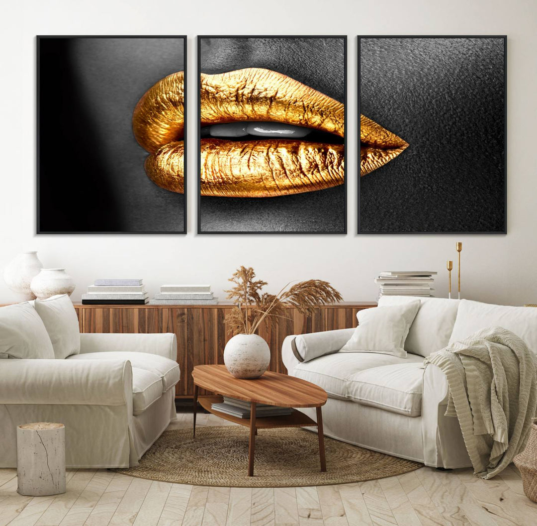 The Gold Lips Canvas Wall Art on a black background is showcased.