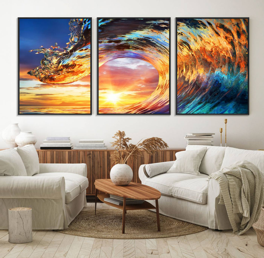 Wave Canvas Wall Art: A multi-panel sunset ocean scene that adds vibrant decor to any space.