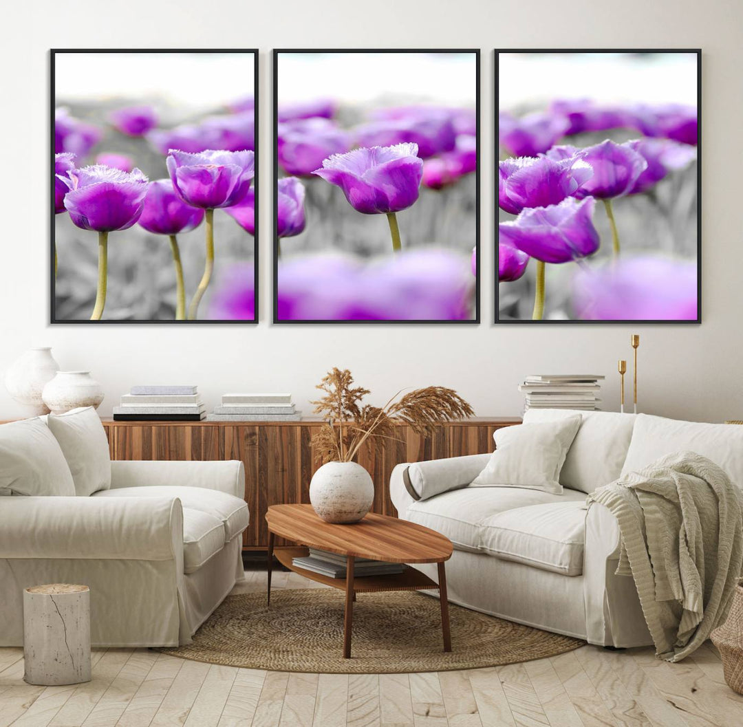 A gallery-wrapped Tulip Fields canvas wall art in a vivid purple hue.