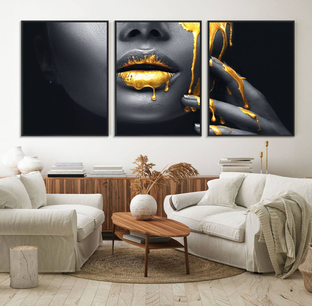 Above the dining area is the Gold Glitter Lips Fashion Makeup canvas wall art.