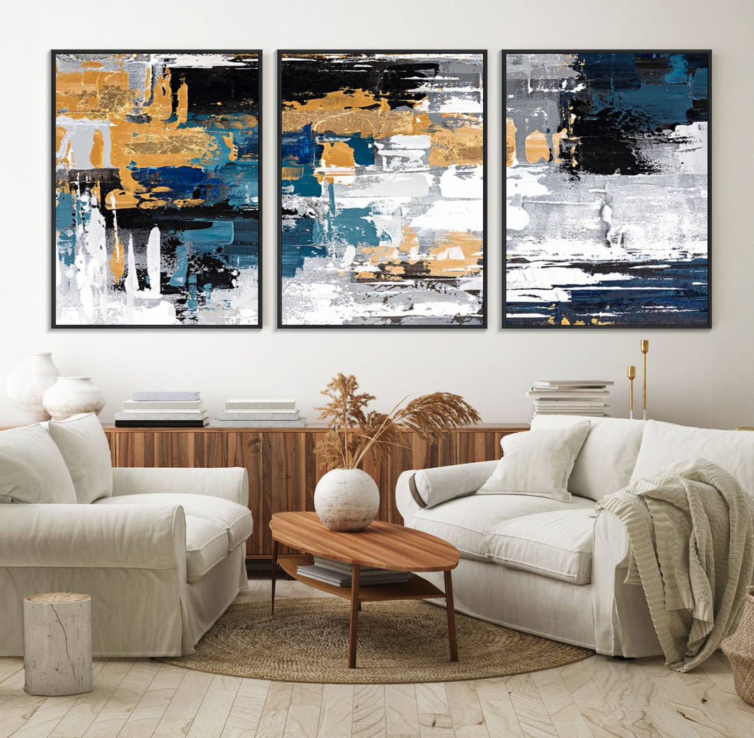 Blue and Gold Abstract Canvas Wall Art hangs prominently.