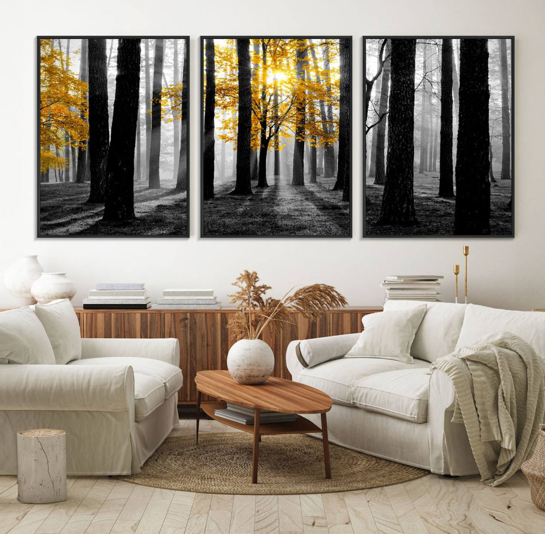 Nature Misty Foggy Autumn Forest Wall Art Print displayed above a modern dining room.