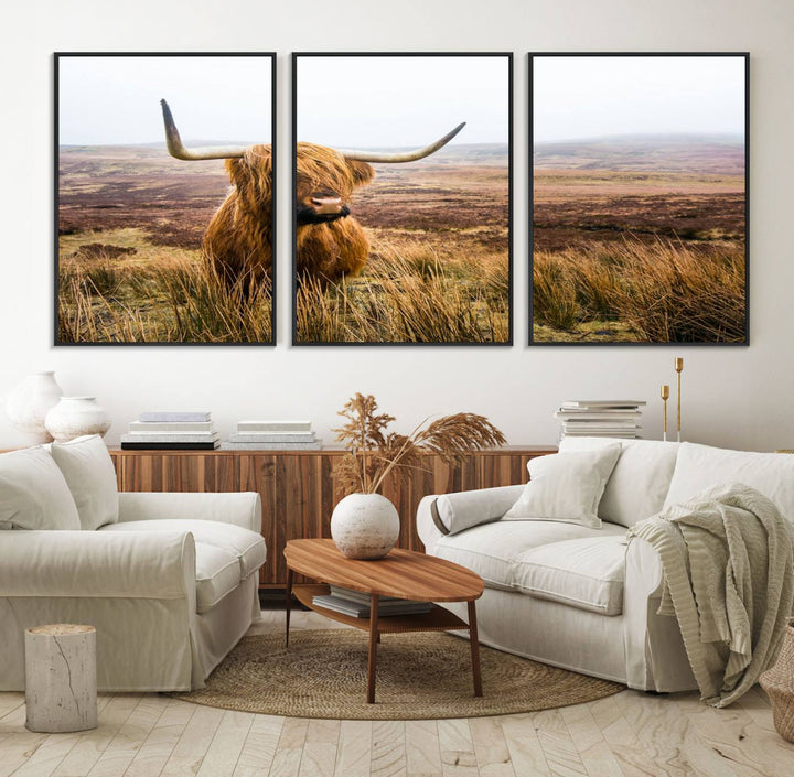 A ready-to-hang Scottish Highland Cow Cattle Canvas Wall Art.