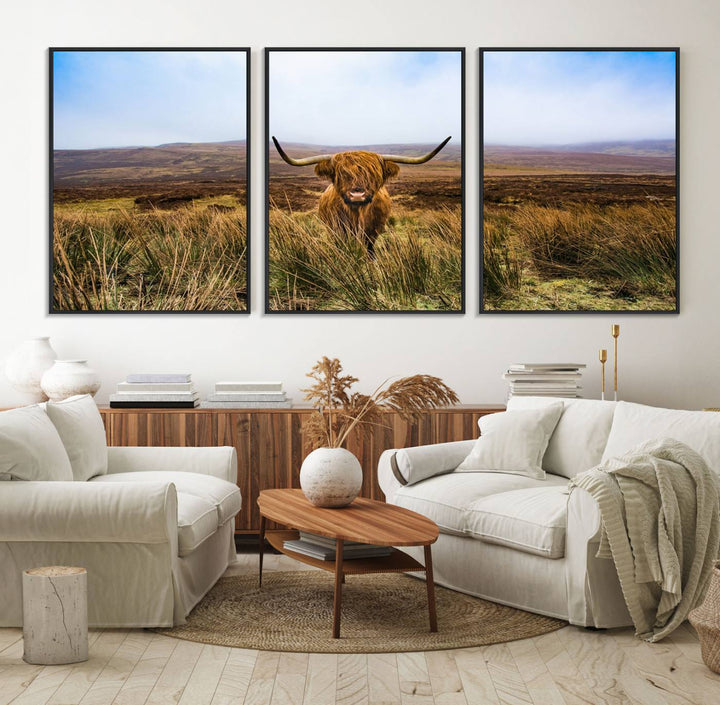 A Scottish Highland Cow art print canvas with UV-protection adorns the wall, preserving vivid details.