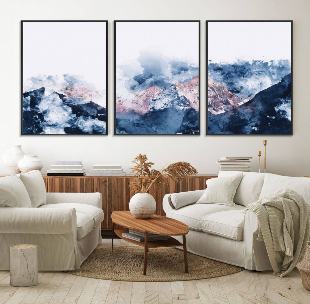 A modern kitchen showcases an Abstract Watercolor Mountain Landscape Art Canvas Print.