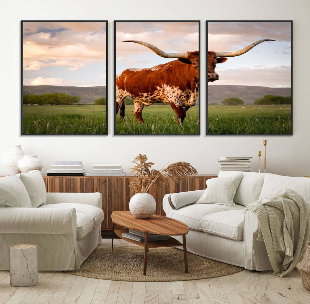 The Texas Cow Canvas Wall Art print captures a longhorn cow at sunset and is ready to hang.