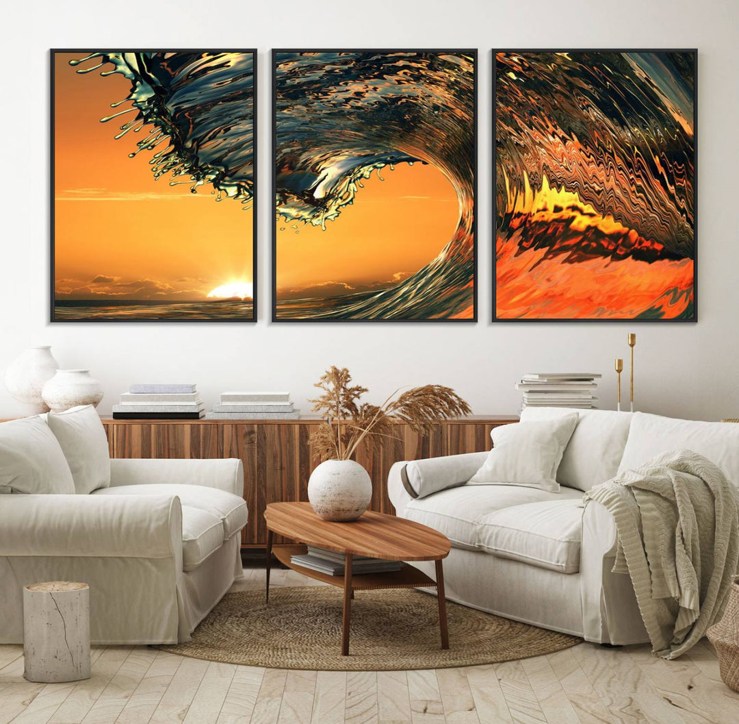 The Ocean Wave With Perfect Sunset canvas wall art adds a striking focal point to the room.