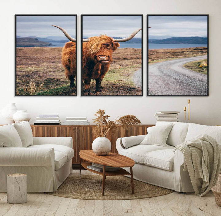 The Longhorn Highland Cow Canvas Wall Art is prominently displayed.