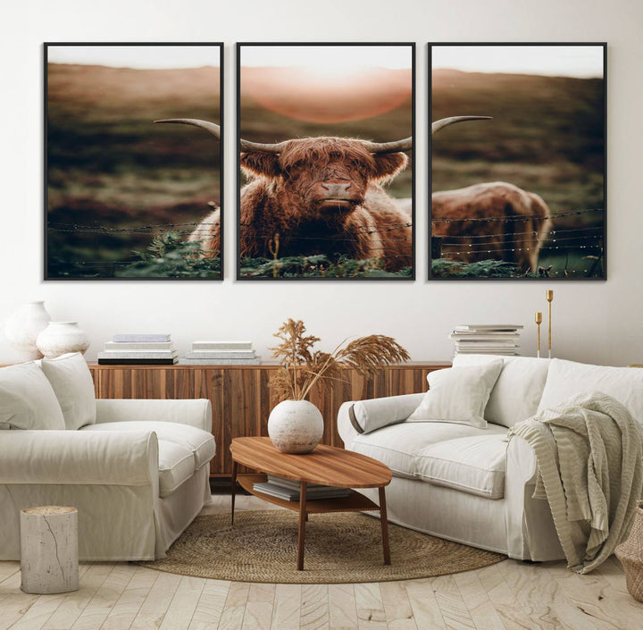 A Highland Cow Animal Canvas Wall Art, featuring a grassy field, is displayed on the wall.