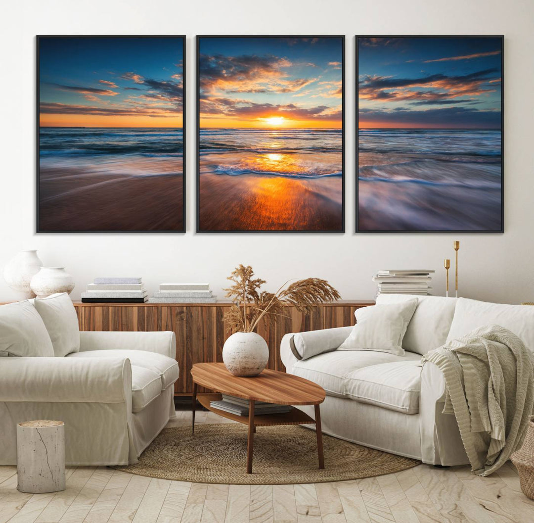 A museum-quality Beautiful Sunset over the Horizon canvas adorns the living room wall.