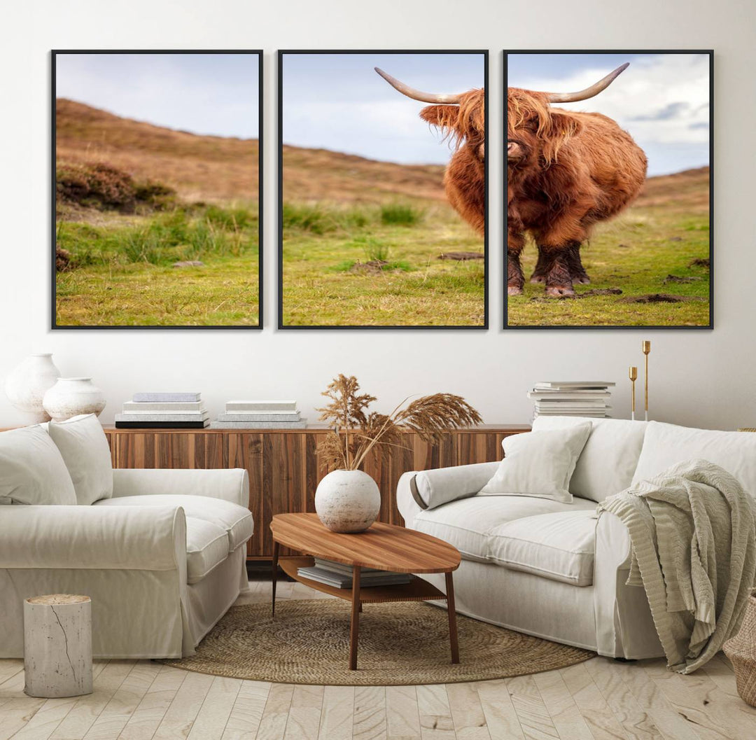 A Highland Cow Animal Canvas Wall Art hangs on the wall, adding warmth to the room.