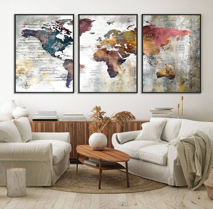 The World Map Wall Art Triptych: a 3-panel canvas featuring a vintage map.