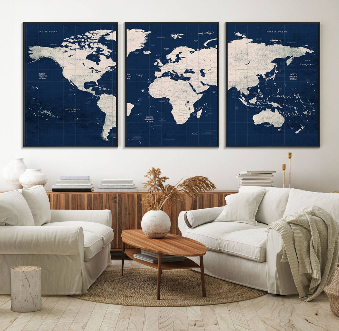 Large modern world map wall art canvas print in beige and navy; showcases a 3-panel vintage map design and is ready to hang.