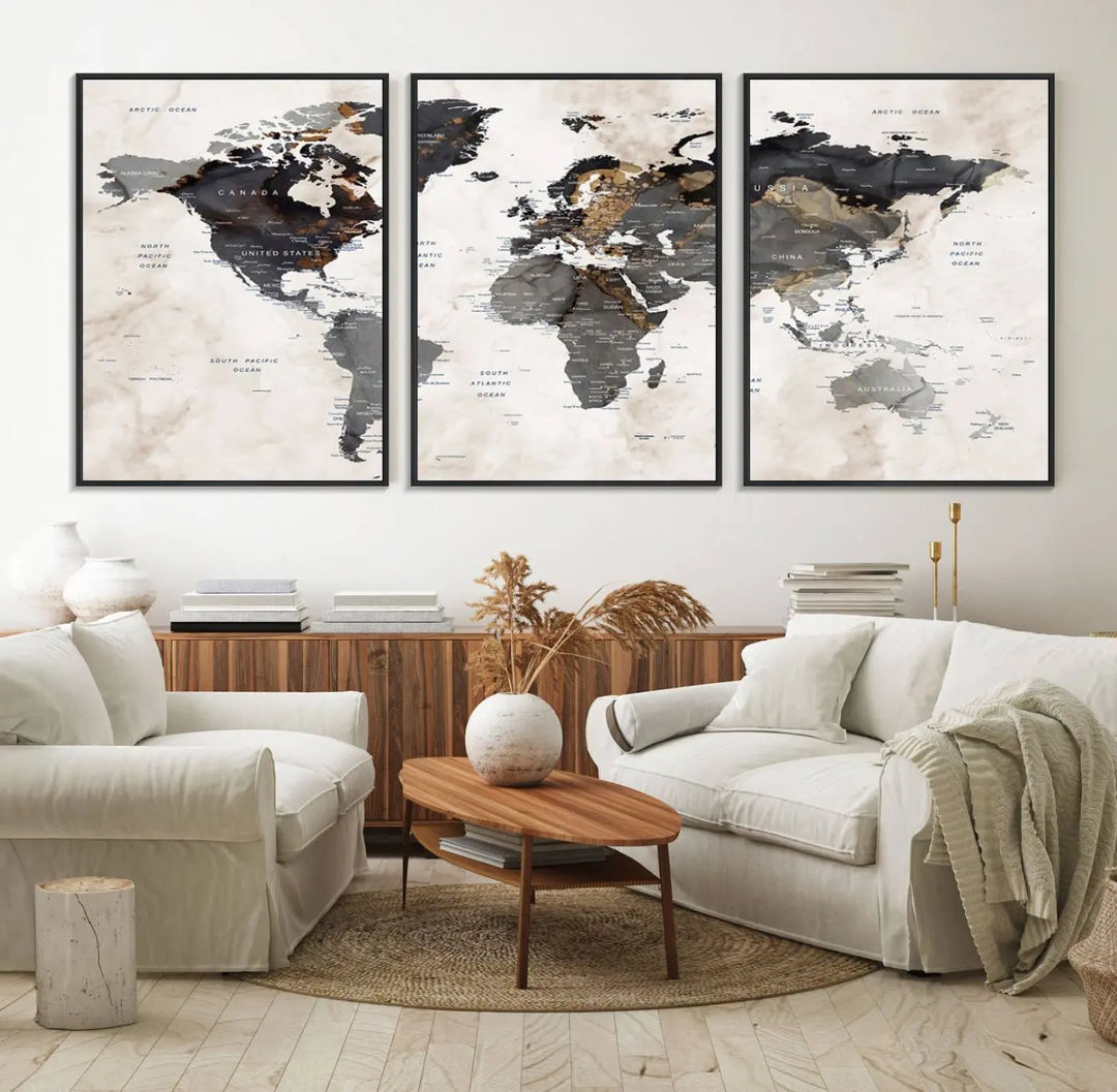 The dining room wall is adorned with the World Map Canvas Print – Earthy Triptych Wall Art, a vintage global map decor featuring dark continents.