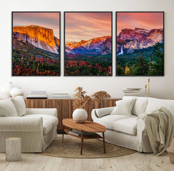 An El Capitan Yosemite Canvas showcasing a sunset over a mountain valley.