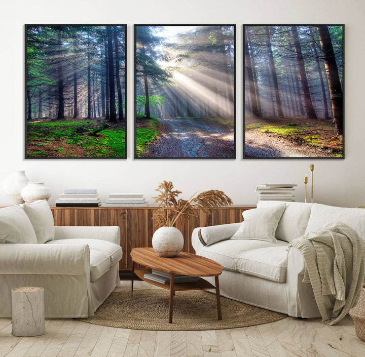 The dining area features a 3-panel Forest Path Canvas showcasing sun rays filtering through a misty forest.