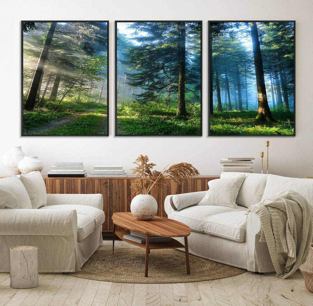 Enhancing the space is the Forest Sun Shine wall art canvas print, showcasing a serene forest scene.