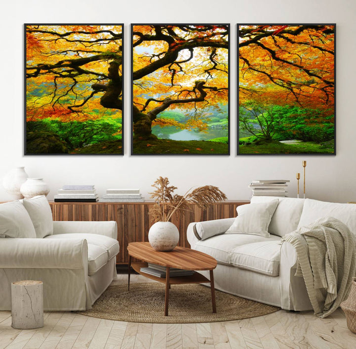 The Portland Japanese Maple Tree Canvas adds elegance to a modern living room.