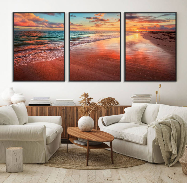 A Vibrant Sunset Beach Canvas Print with ocean waves and sandy shoreline enhances coastal-themed interiors.