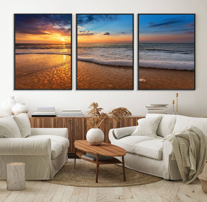 The Golden Sunset Beach Waves Triptych adds a modern coastal touch with its stunning seascape.