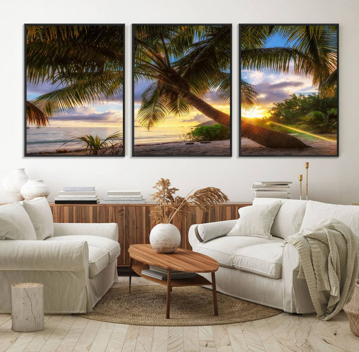 A Coastal Sunset Palm Tree canvas print hangs prominently.