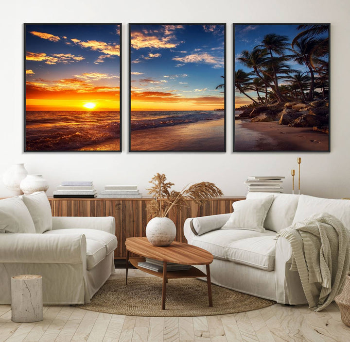 A stunning Tropical Beach Sunset Canvas Art featuring palm trees and ocean waves, created as a Giclee print.