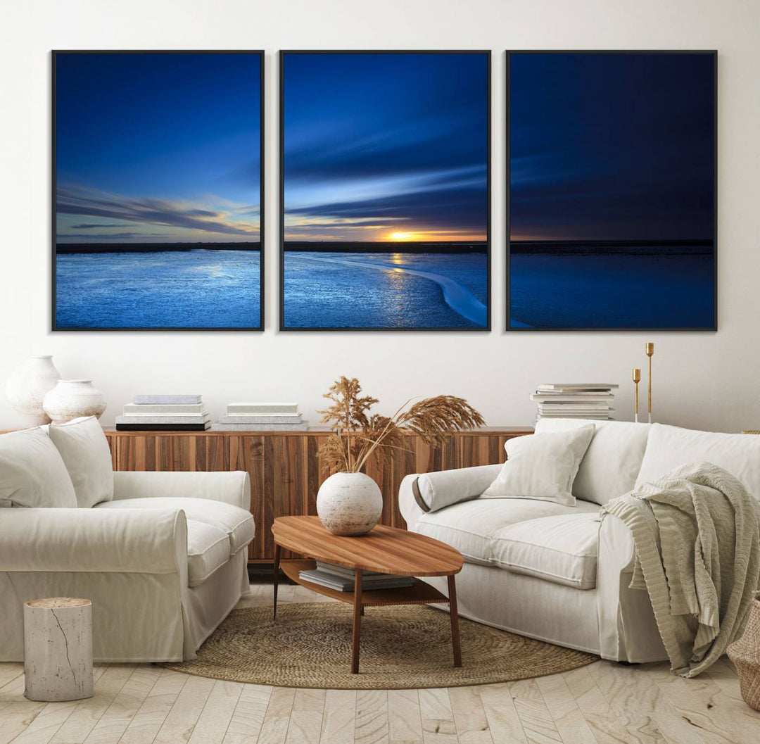 Modern decor: Deep Blue Ocean Sunset Triptych for a serene coastal vibe.