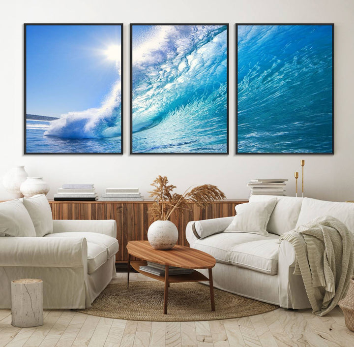 The Blue Big Wave Surfing Ocean Canvas adds a coastal vibe to a wooden wall.