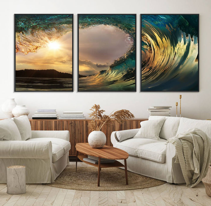 A Golden Wave Sunset Giclee hangs above, showcasing colorful ocean wave art.