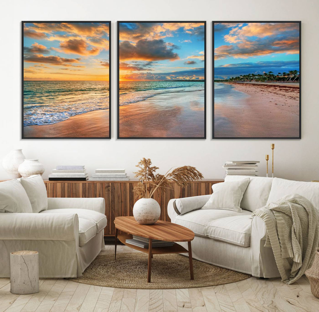 A wall displays Sunset Ocean Waves on Tropical Beach 3-panel canvas art.