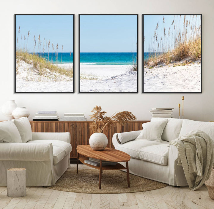 Serene Coastal Dune Path with Ocean View, 3-Panel Beach Canvas Art; tranquil seascape for coastal decor.