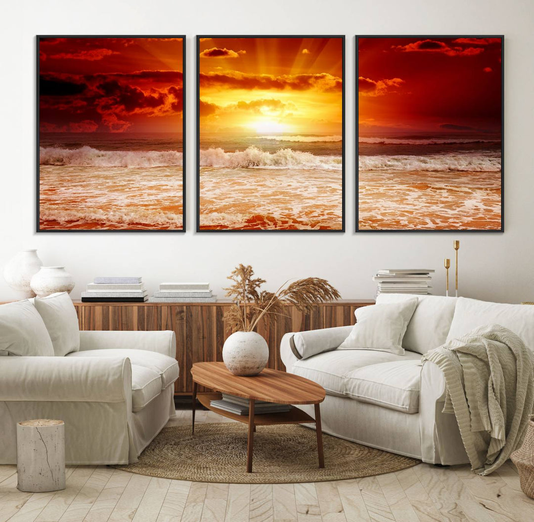 The Red Sunset Ocean Beach Canvas depicts ocean waves.